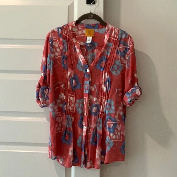 Ruby Rd. Red Buttoned Blouse with Mandarin Collar - Picture 4 of 5